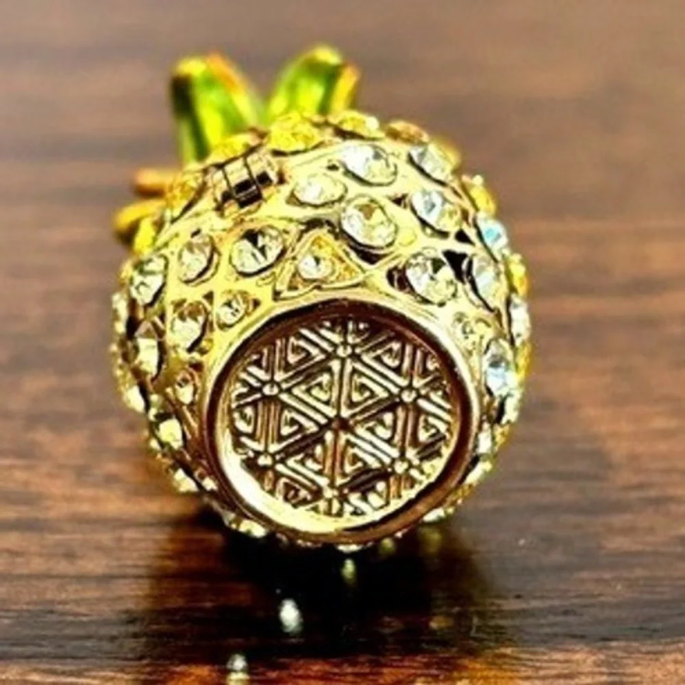 Lia Miniature Jeweled Pineapple TrinketBox Vintage Enamel Crystal Tropical Gift